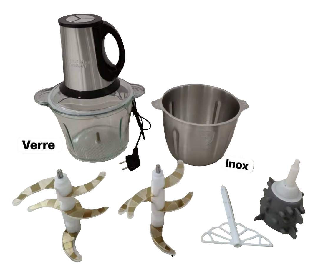 Hachoir 3L 4-en-1 Verre & Inox – Robot Multifonction avec Fouet Mayonnaise et Éplucheur Ail