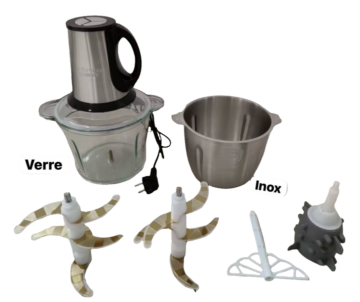 Hachoir 3L 4-en-1 Verre & Inox – Robot Multifonction avec Fouet Mayonnaise et Éplucheur Ail