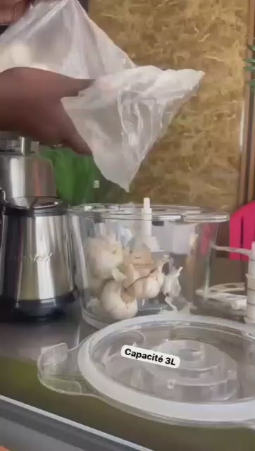 Hachoir 3L 4-en-1 Verre & Inox – Robot Multifonction avec Fouet Mayonnaise et Éplucheur Ail