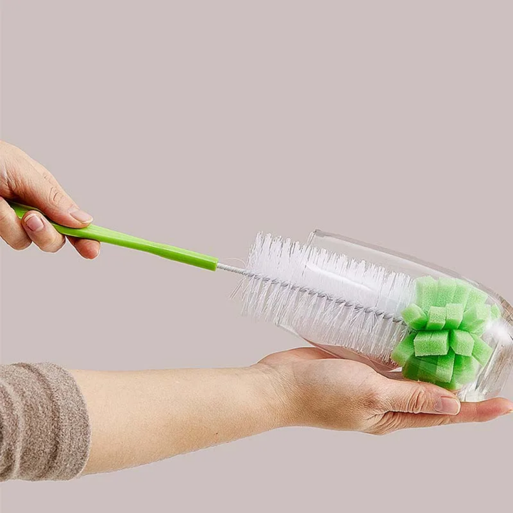 Brosse de nettoyage pour bouteilles et verres – Tête en mousse + poils rigides