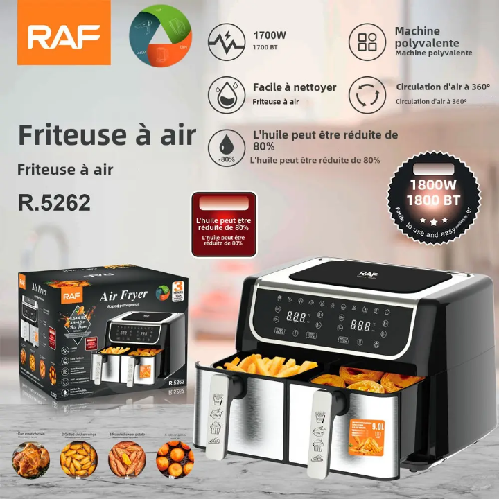 Friteuse à Air Double Cuve RAF 10L – Sans Huile, 1700W, Cuisson Saine & Rapide | R.5262