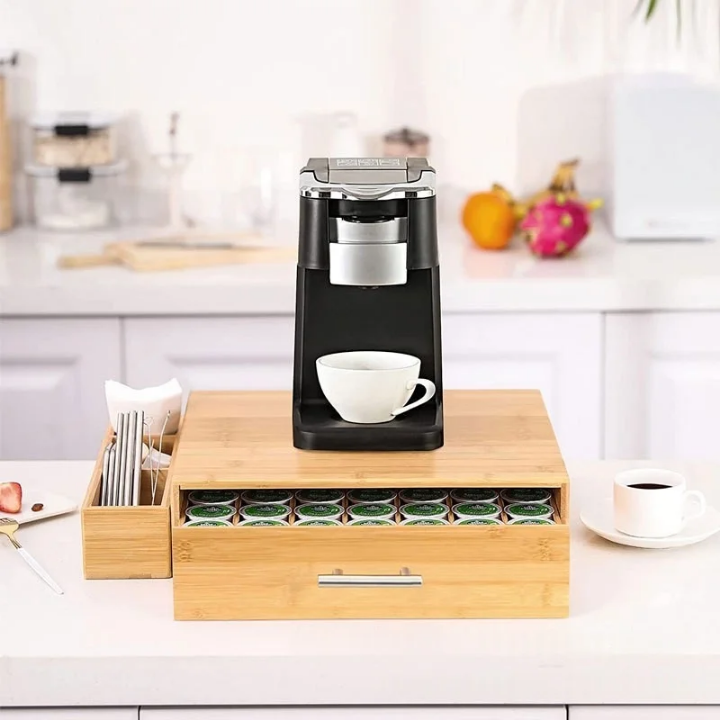 Organisateur en Bambou pour Machine à Café avec Tiroirs – Rangement Capsules & Accessoires