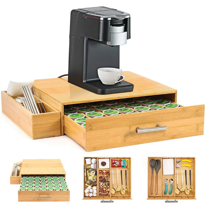 Organisateur en Bambou pour Machine à Café avec Tiroirs – Rangement Capsules & Accessoires