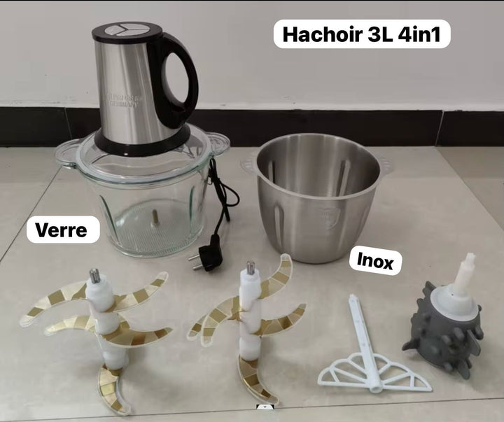 Hachoir 3L 4-en-1 Verre & Inox – Robot Multifonction avec Fouet Mayonnaise et Éplucheur Ail