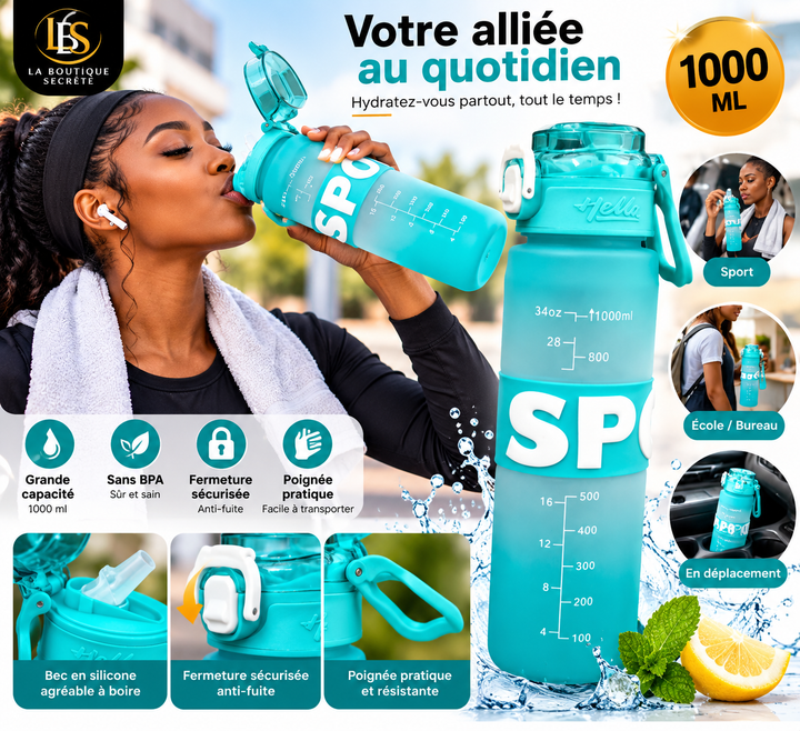 Bouteille d’eau 1 000 ml graduée avec poignée