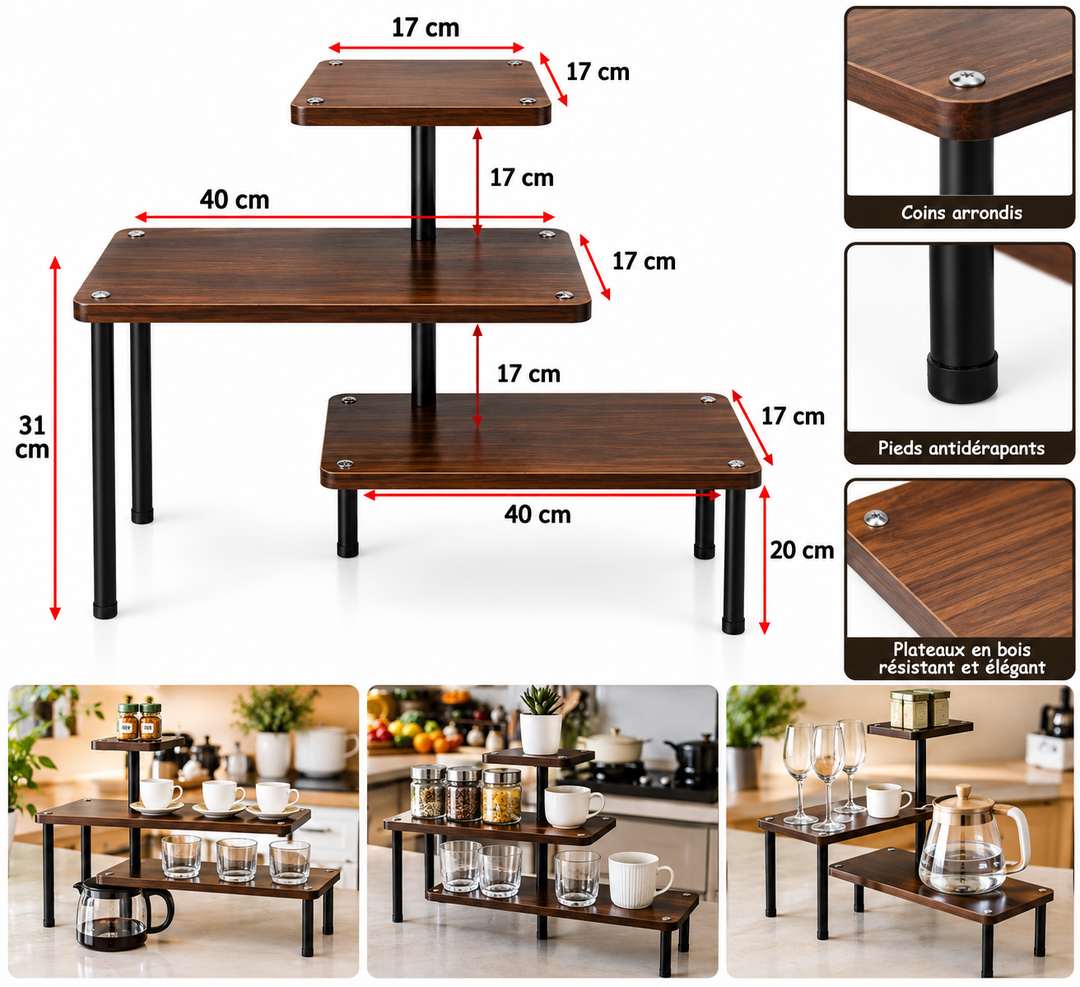 Étagère de cuisine à 3 niveaux en bois et fer