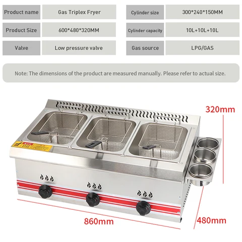 Friteuse Professionnelle à Gaz Triple Cuve - Emballage Sûr - 10L + 10L + 10L