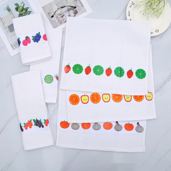 Lot de 12 Serviettes de Cuisine Motifs Fruits – 38x66 cm | Coton Blanc Décoratif