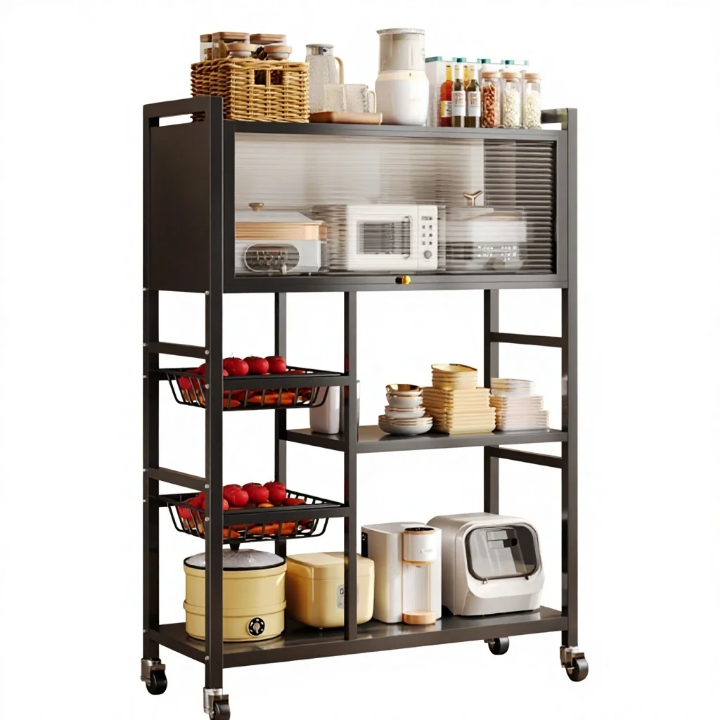 Chariot Étagère Cuisine sur Roulettes avec Vitrine Transparente – Rangement Multi-Niveaux Noir