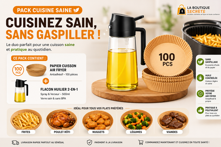 Pack Indispensable Air Fryer – Flacon Huilier Spray 500ml + Papier Cuisson Antiadhésif 100 Pcs