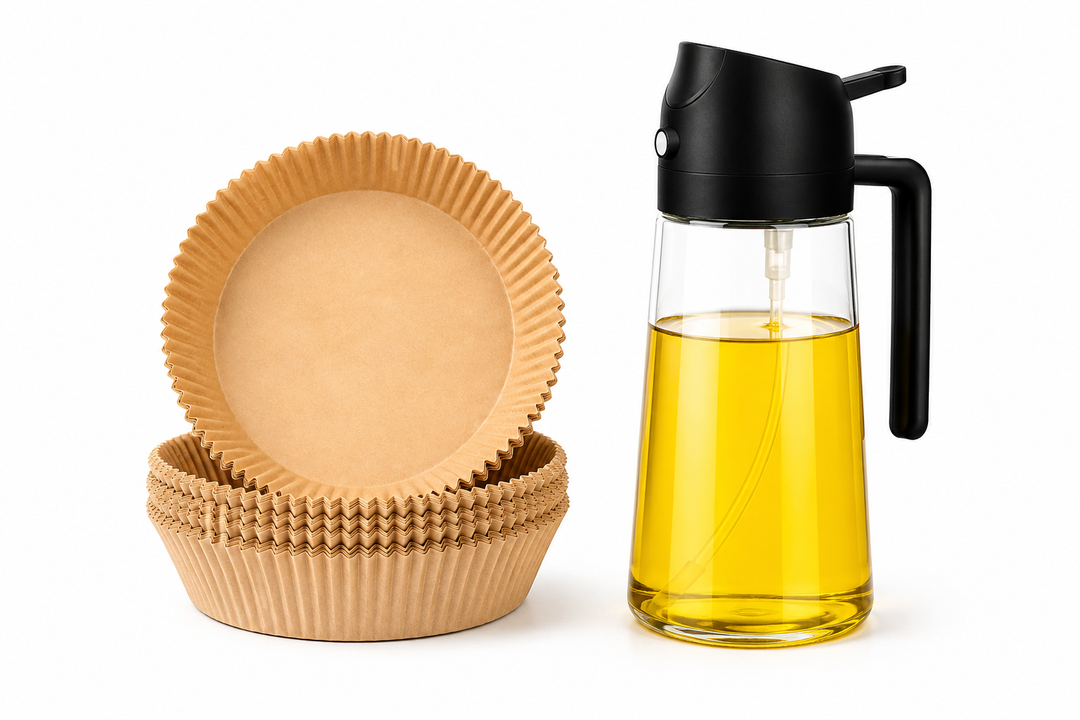 Pack Indispensable Air Fryer – Flacon Huilier Spray 500ml + Papier Cuisson Antiadhésif 100 Pcs