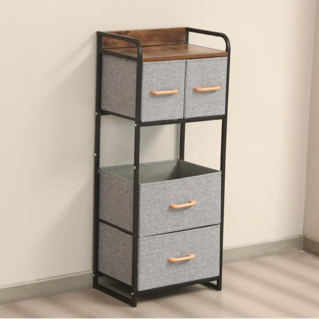 Commode 4 Tiroirs en Tissu avec Étagère – Rangement Chambre 