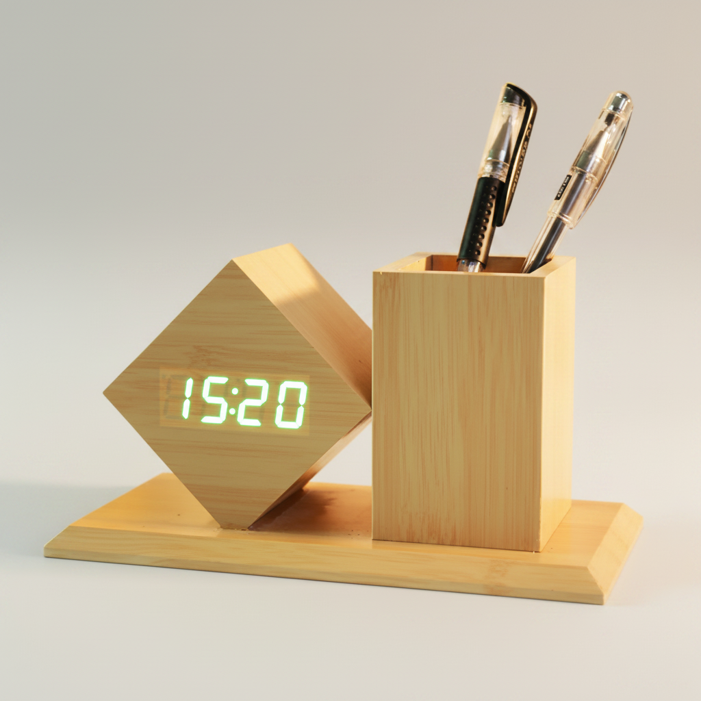 Horloge LED Design Losange + Pot à Crayons