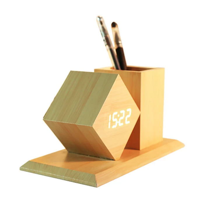 Horloge LED Design Losange + Pot à Crayons – Bureau &amp; Chambre 