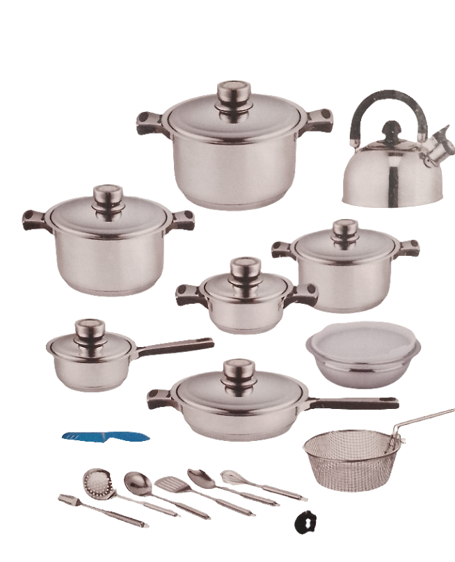 Set  de cuisine 27 pièces en inox – Casseroles, poêle, bouilloire et ustensiles complets