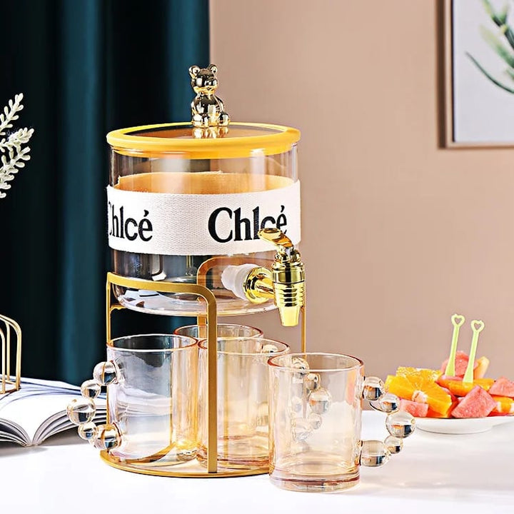 Distributeur de Boissons en Verre avec Support Doré et Tasses, Modèle Chloé