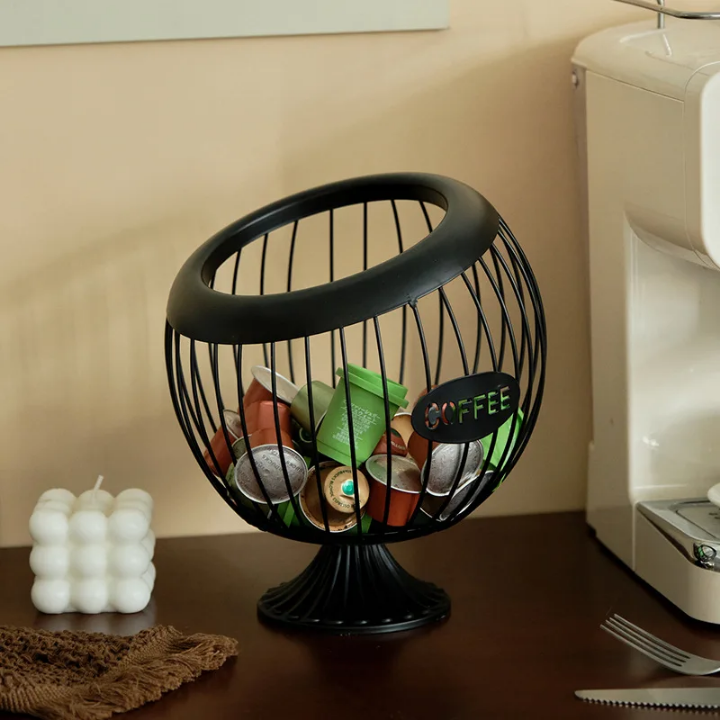 Panier Rangement Capsules Cafe Design avec Pied - Métal Noir Élégant