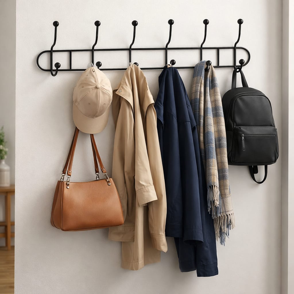 Porte-Manteau Mural 12 Crochets Double Rangée Métal Noir - Rangement Entrée et Chambre
