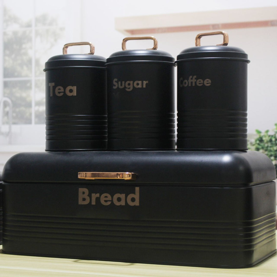 Set Cuisine 4 Pièces Noir Mat – Boîte à Pain + 3 Bocaux Coffee Sugar Tea