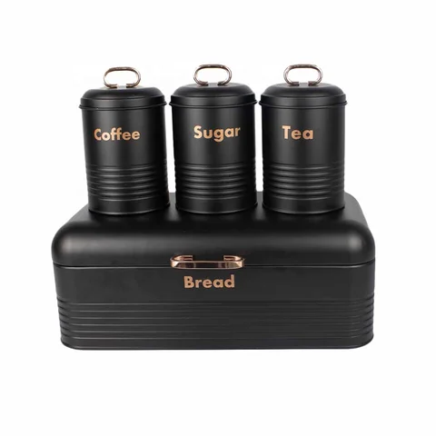 Set Cuisine 4 Pièces Noir Mat – Boîte à Pain + 3 Bocaux Coffee Sugar Tea | La Boutique Secrète