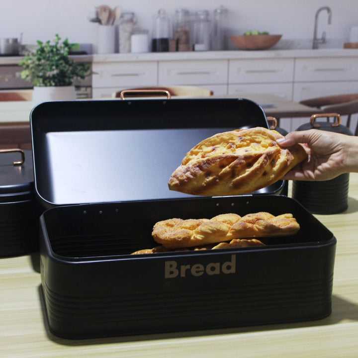Set Cuisine 4 Pieces Noir Mat – Boite à Pain + 3 Bocaux Coffee Sugar Tea | La Boutique Secrete