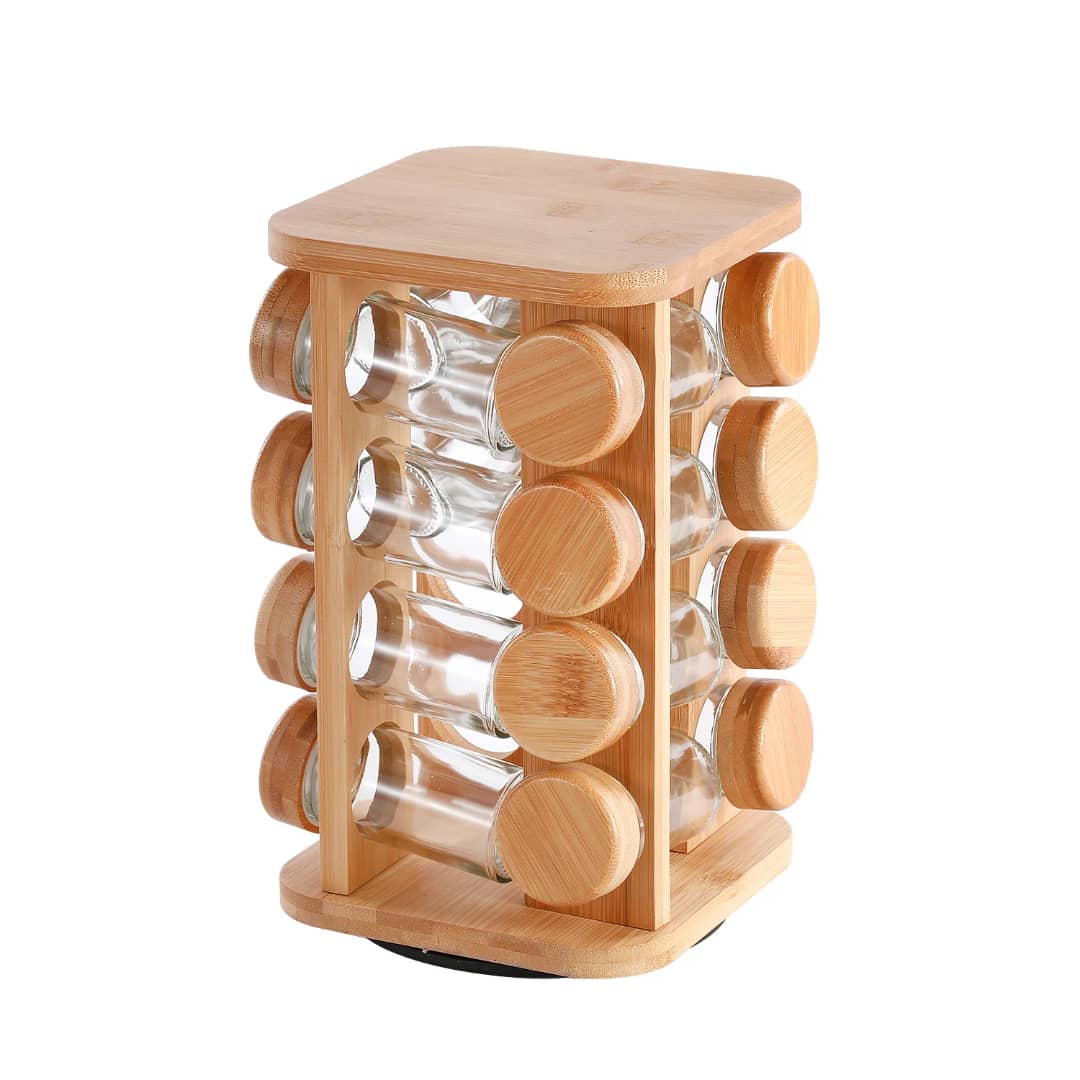 Porte-Épices Rotatif en Bambou 16 Pots - Organisateur Cuisine Professionnel
