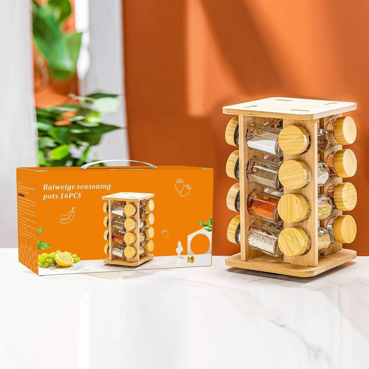 Porte-Épices Rotatif en Bambou 16 Pots - Organisateur Cuisine Professionnel