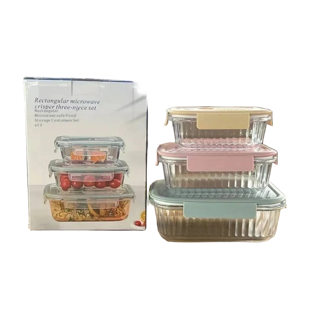 Set de 3 Boîtes de Conservation Rectangulaires en Verre avec Couvercles Hermétiques - Micro-ondes et Frigo