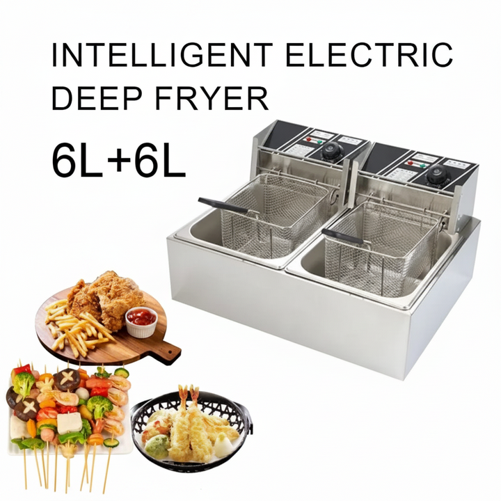 Friteuse Électrique Professionnelle Double 6L+6L 5000W - Inox - Idéale Restaurant &amp; Famille Sénégalaise