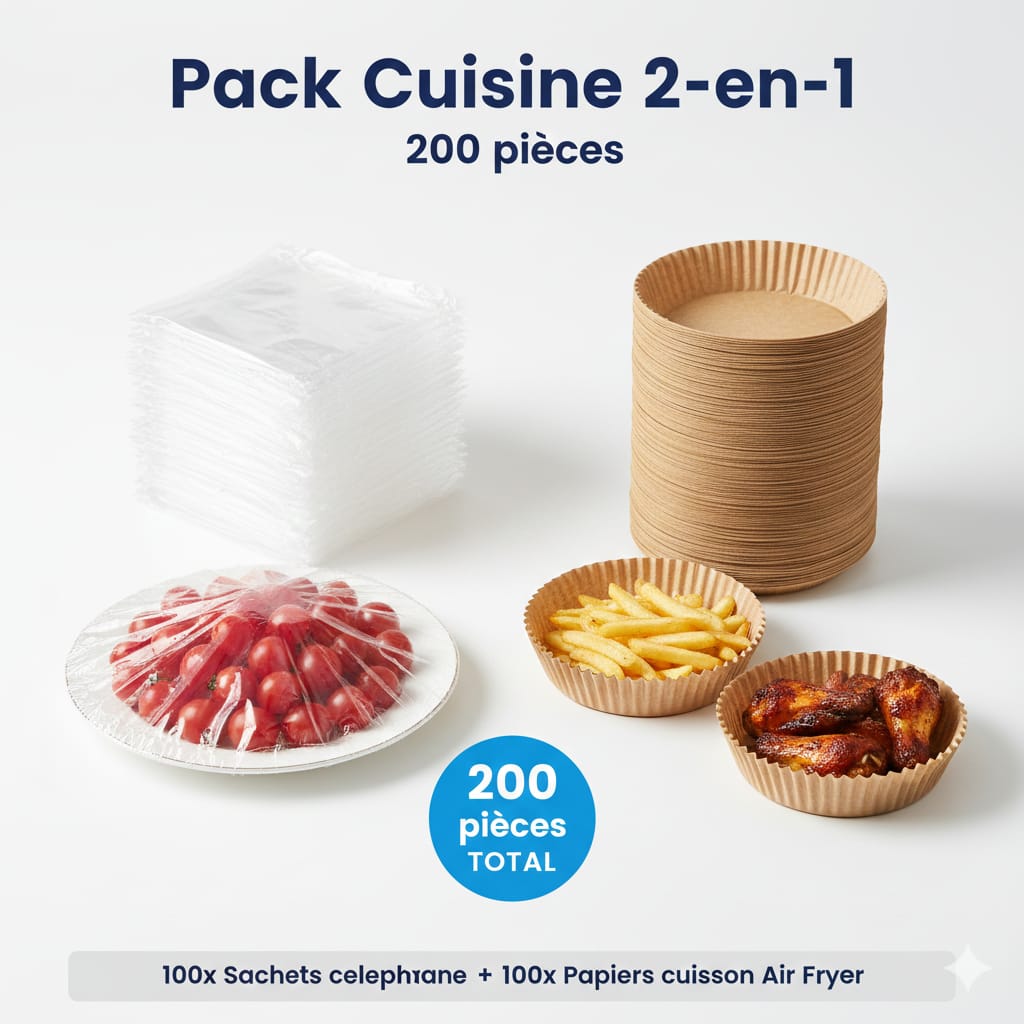 Pack Cuisine 2-en-1 : 100 Sachets Cellophane Alimentaires + 100 Papiers Cuisson Air Fryer - 200 Pièces