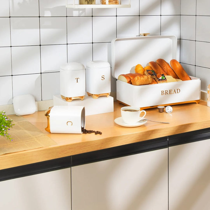 Ensemble Rangement Cuisine Premium - Boîte à Pain + 3 Bocaux Hermétiques Blanc &amp; Or