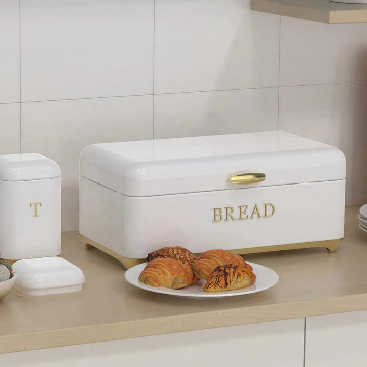Ensemble Rangement Cuisine Premium - Boîte à Pain + 3 Bocaux Hermétiques Blanc &amp; Or