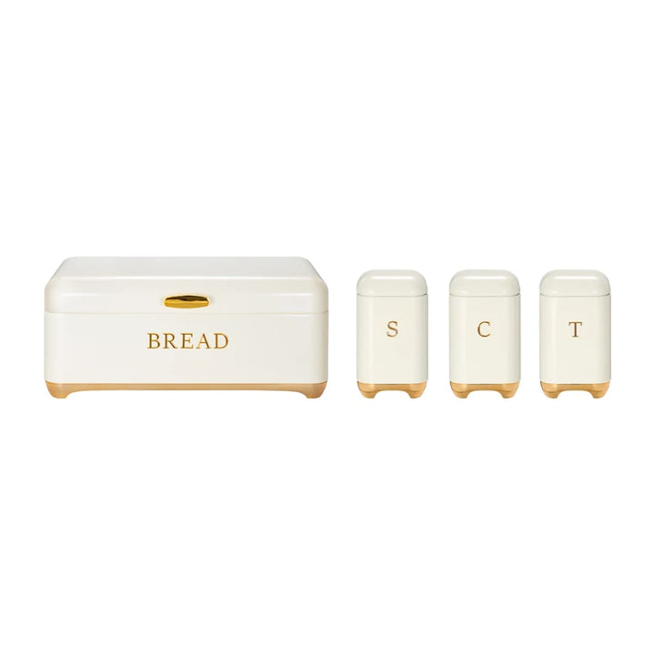 Ensemble Rangement Cuisine Premium - Boîte à Pain + 3 Bocaux Hermétiques Blanc &amp; Or