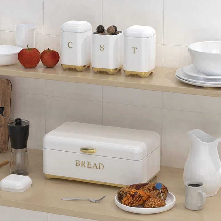 Ensemble Rangement Cuisine Premium - Boîte à Pain + 3 Bocaux Hermétiques Blanc &amp; Or