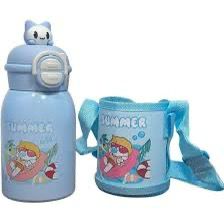 Gourde Enfant 500ml avec Sac Isotherme - Paille Rétractable et Bandoulière - Bleu/Rose
