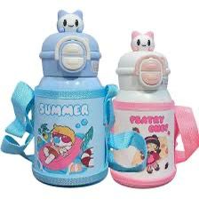 Gourde Enfant 500ml avec Sac Isotherme - Paille Rétractable et Bandoulière - Bleu/Rose