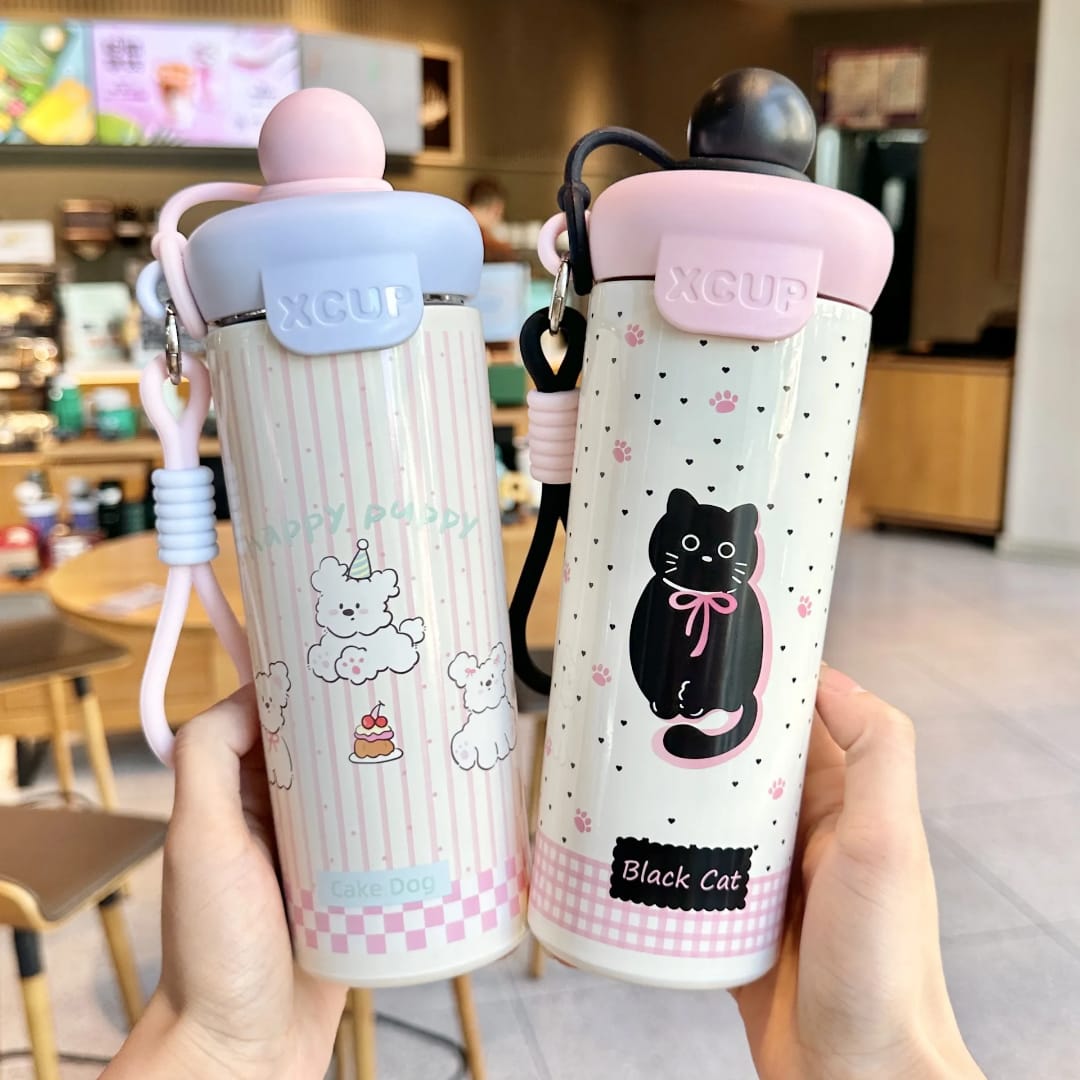 Gourde Isotherme Kawaii 600ml - Bouteille Réutilisable avec Cordon - Idéale Enfants &amp; Adultes