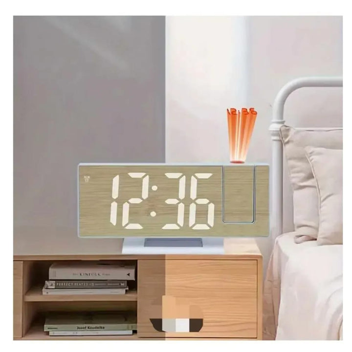 Réveil LED à Projection Bambou - Affichage Digital Miroir avec Porte-Stylos Intégré