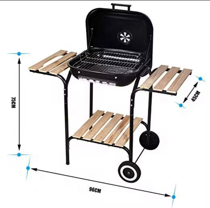 Barbecue à Charbon sur Roulettes avec Tablettes Latérales en Bois – 96 cm