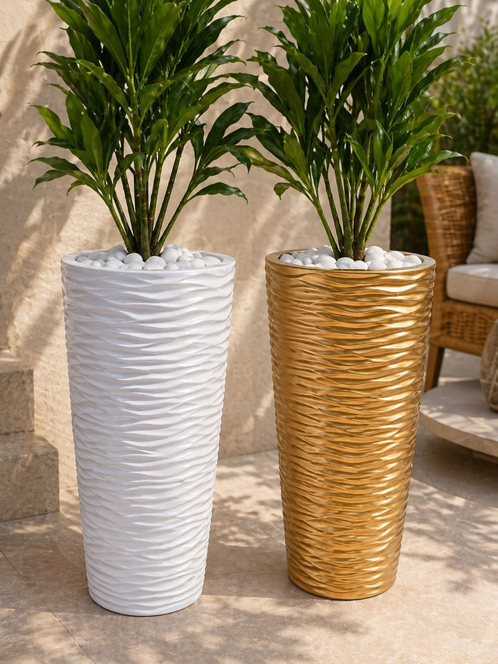Cache-Pot Ondulé Design – Blanc &amp; Or | Grand Pot Décoratif Intérieur/Extérieur