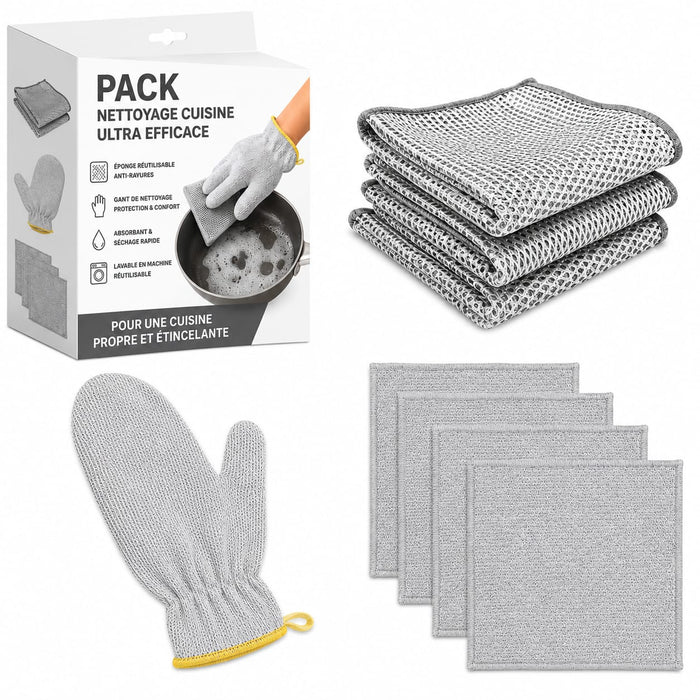 Pack Nettoyage Cuisine – 1 Gant de Nettoyage + 5 Éponges Métalliques Anti-Rayures