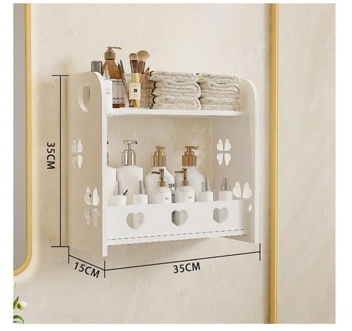 Étagère Murale 2 Niveaux – Rangement Salle de Bain &amp; Bureau | Motifs Cœurs