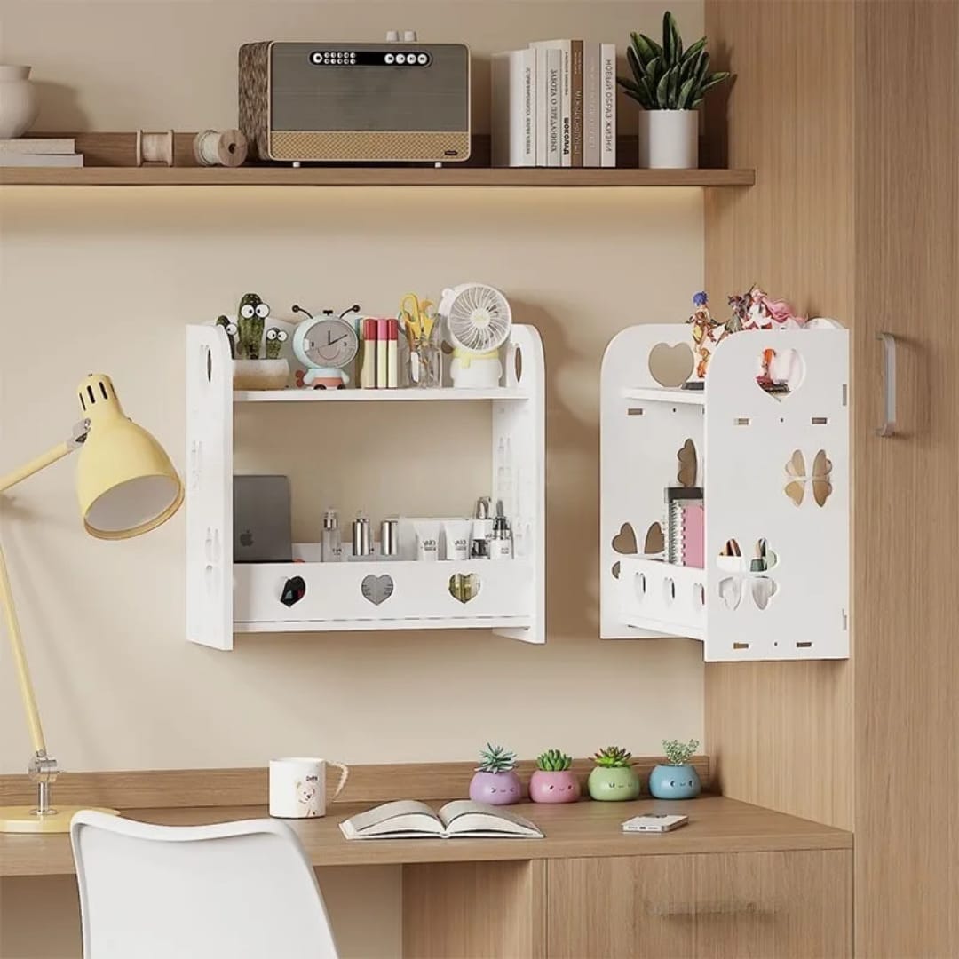 Étagère Murale 2 Niveaux – Rangement Salle de Bain &amp; Bureau | Motifs Cœurs