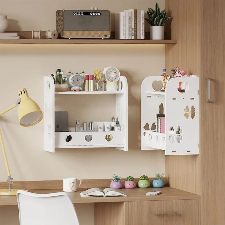 Étagère Murale 2 Niveaux – Rangement Salle de Bain &amp; Bureau | Motifs Cœurs