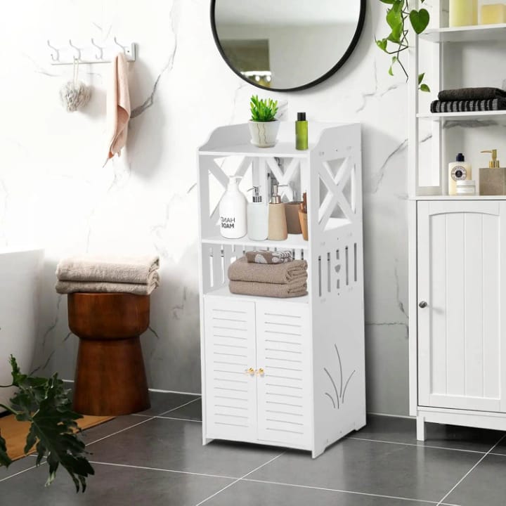 Armoire de Rangement Salle de Bain 90 cm – 2 Portes Battantes &amp; Étagères | Blanc