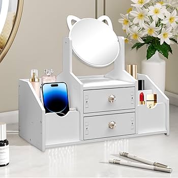 Organisateur de Maquillage avec Miroir Rotatif – Coiffeuse Rangement Cosmétiques