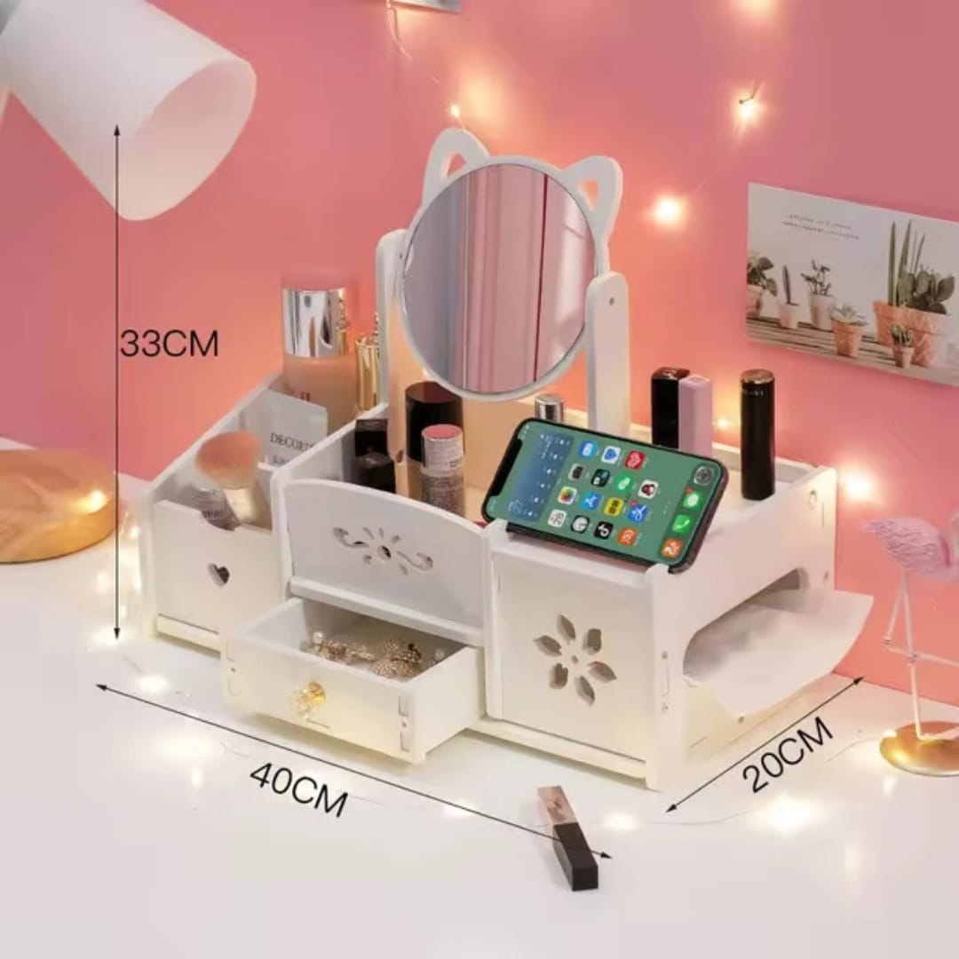 Organisateur de Maquillage avec Miroir Rotatif – Coiffeuse Rangement Cosmétiques