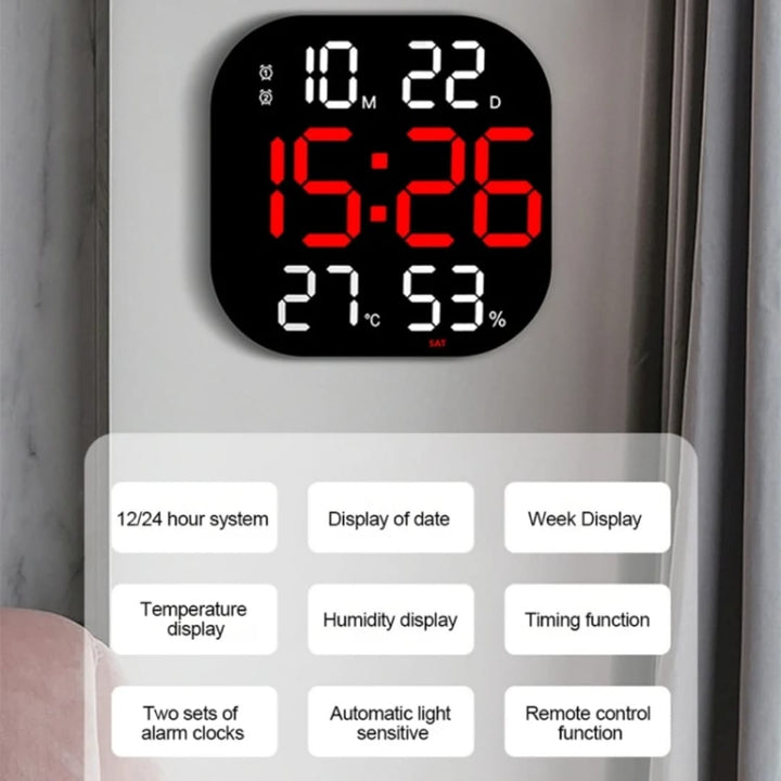 Horloge Murale LED Grand Format avec Télécommande – Heure, Date, Température &amp; Humidité