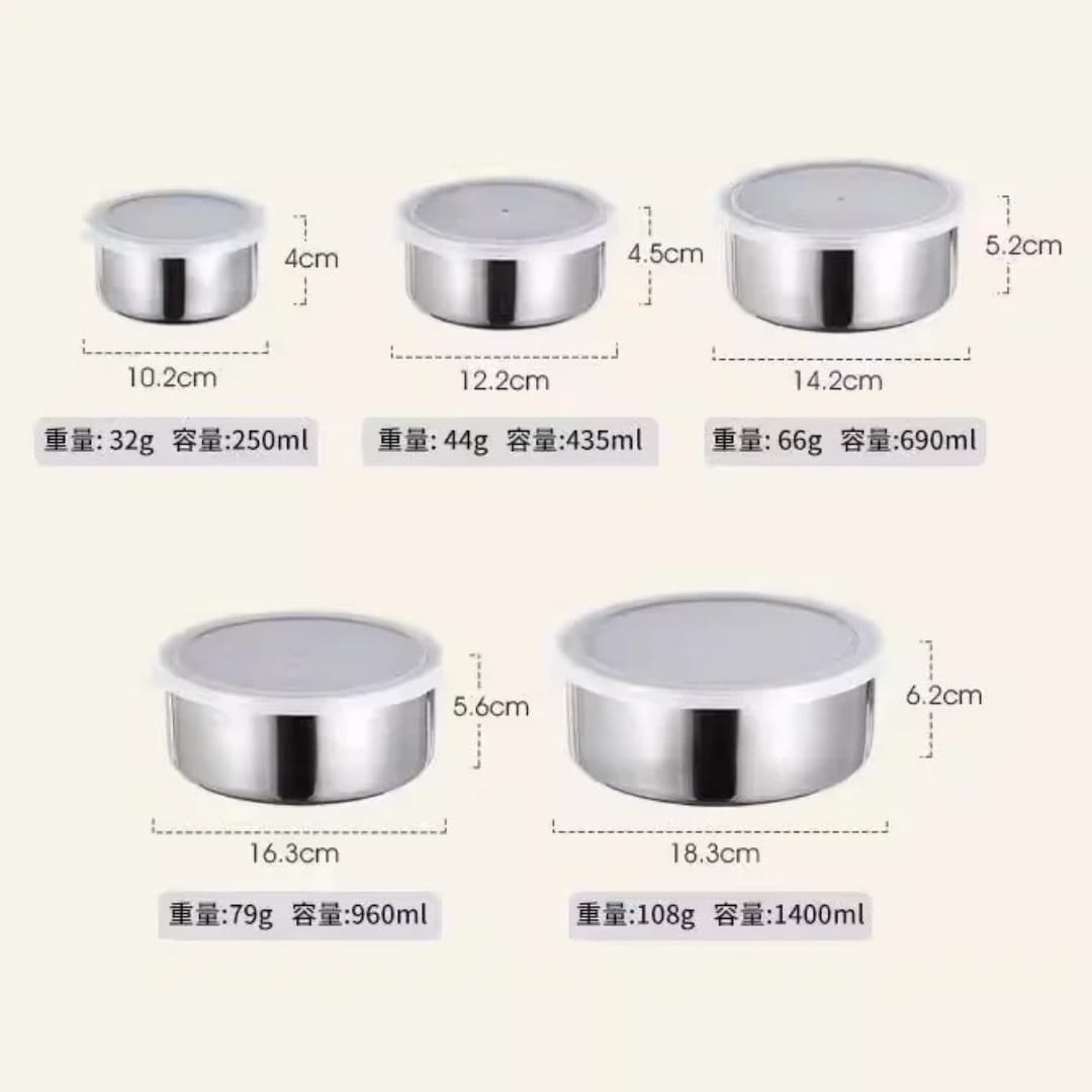 Set de 5 Bols en Inox avec Couvercle Hermétique – Conservation Fraîcheur | 250ml à 1400ml