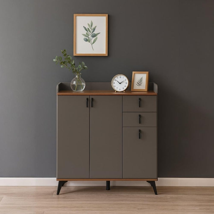 Meuble chaussures gris bois – vue ambiance salon